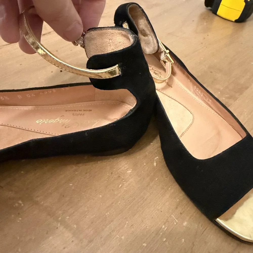 Robert Clergerie Black Suede Flats with Gold Toe Cap